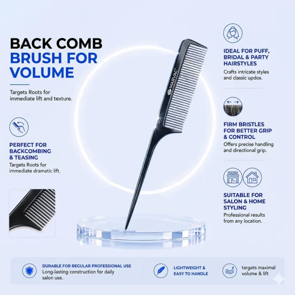 Marvac Black Tail Comb for Volume Hair Teasing Comb